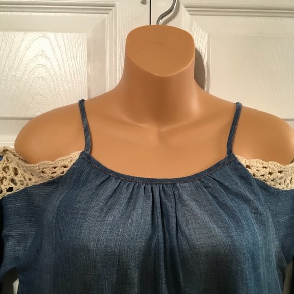 Umgee Cold Shoulder Blue Dress With Crochet Sleeves - Picture 3 of 7